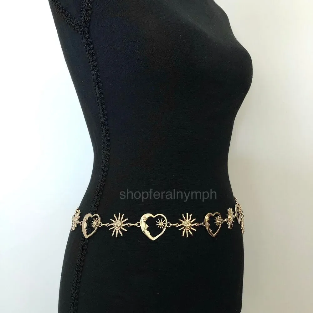 Celestial Gold Sun Heart Crescent Moon Chain Belt, Fits 20–39.5 Inches, X7GA1158